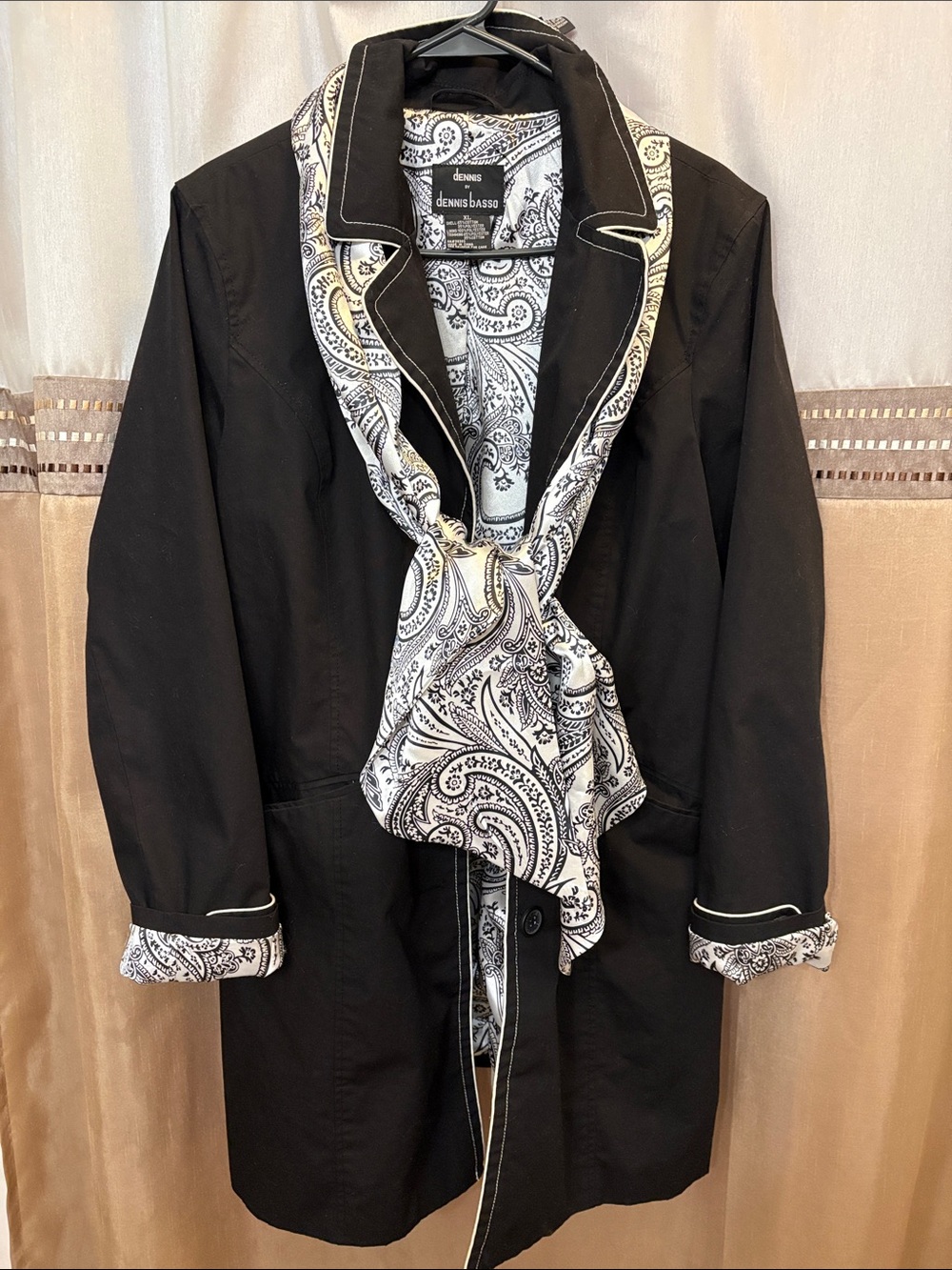 dennis basso Black Jacket with Black-and-White Paisley Scarf